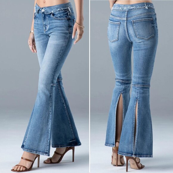 CEROS Mid Rise Super Flare JEANS Size 31 Blue Denim Back Slit NEW - Picture 3 of 12